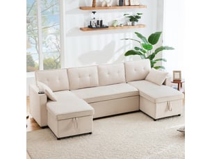 Canapé d'angle panoramique convertible <strong>MODENVIE</strong> <strong></strong> 4 places Polyester beige avec coffre de rangement