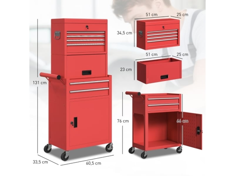  Armoire à outils roulante rouge en acier avec 6 tiroirs et 2 portes, meuble de rangement verrouillable pour atelier  - Conforama D
