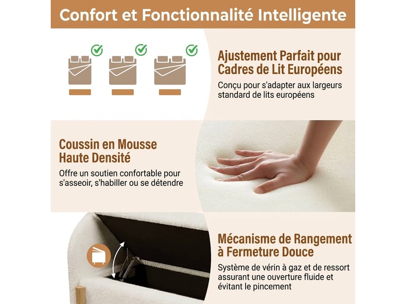  Banc de lit blanc 166 cm avec rangement, tissu bouclette et pieds en bois  - Conforama D