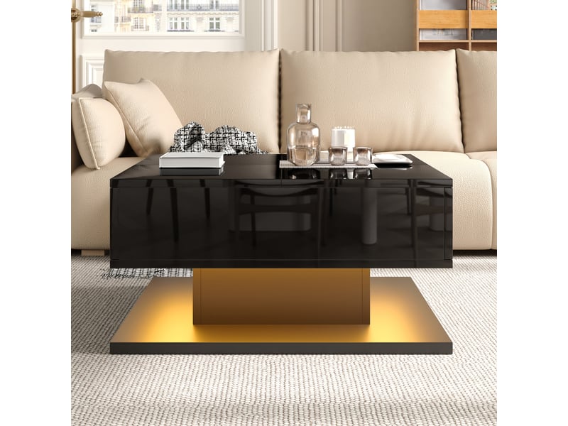  Table basse carrée relevable 72x72cm laquée noire avec led connectée | plateau double ouverture et 2 tiroirs | charge 60kg - noir  - Conforama C