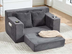 Canapé compact 2 places en velours côtelé, 2 coussins, porte-gobelet et poches latérales, 151 × 133 × 64 cm, gris