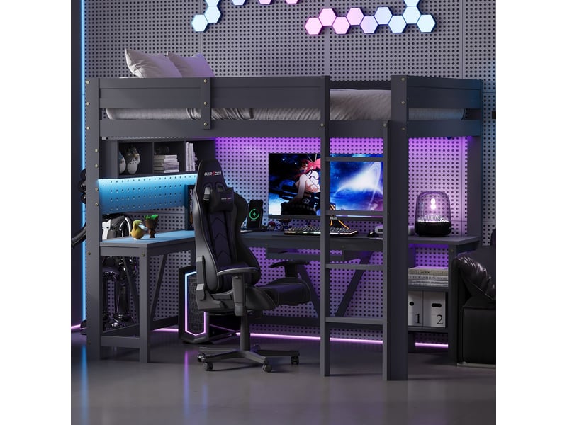 Lit mezzanine 90x200 cm bureau prise led - lit simple - lit gaming gris en bois avec étagères de rangement et station de charge - Conforama A