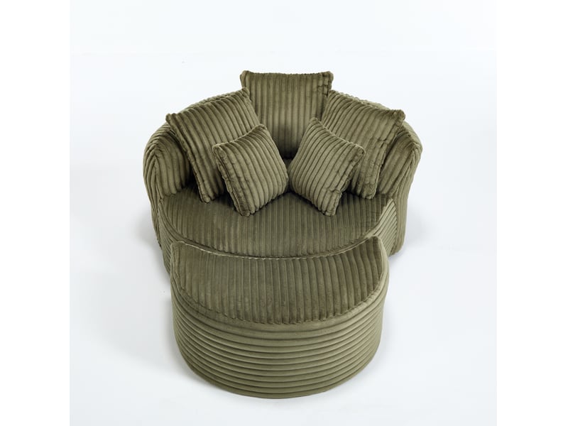 Fauteuil avec pouf rond 2 places, dossier enveloppant et 5 coussins en chenille vert émeraude - Conforama A