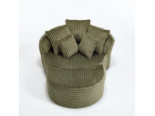 Fauteuil avec pouf rond 2 places, dossier enveloppant et 5 coussins en chenille vert émeraude