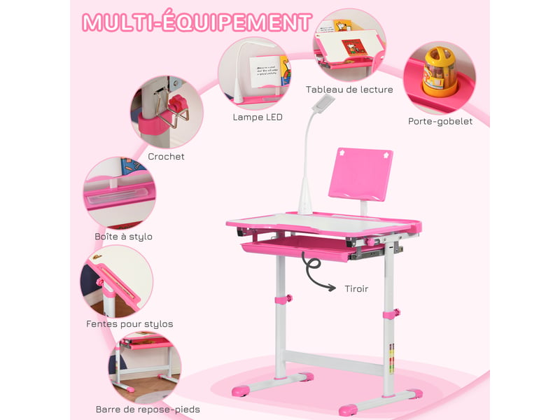  Ensemble chaise et bureau pour enfants avec lampe led hauteur réglable plateau incliné support de lecture rose  - Conforama E