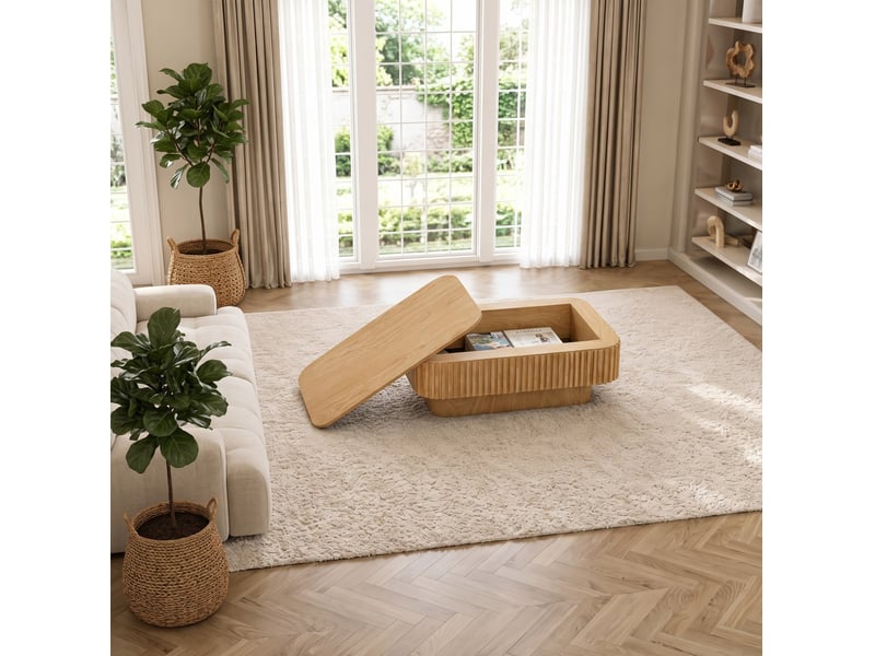  Table basse ulevr rectangulaire à rangement caché 98 x 60 x 35 cm, plateau amovible, mdf avec placage bois, coloris bois naturel  - Conforama D