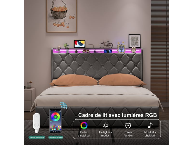 Lit coffre 140x200 cm avec led et usb, lit adulte capitonné avec rangement hydraulique, lit 2 places avec sommier à lattes, lit double avec tête de lit rembourrée, velours gris - Conforama R