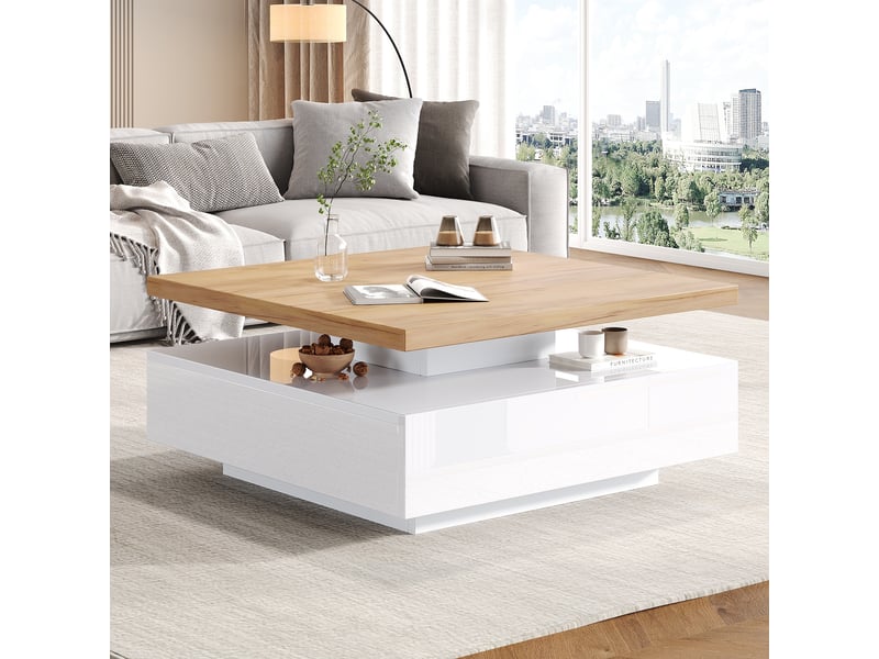  Table basse carrée - 70x70x36cm - pivotante à 360°, plateau effet bois &amp; base laquée brillante, grand tiroir - noir  - Conforama C
