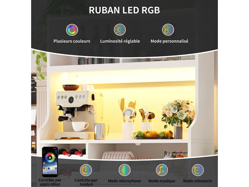  Buffet de cuisine haut blanc 120 cm avec led rgb, portes coulissantes en verre et range-bouteilles  - Conforama E