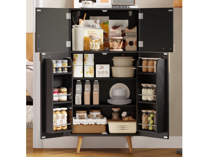  Buffet haut 60 x 35 x 120 cm noir en mdf, 4 portes avec étagères réglables et rangements sur portes  - Conforama B