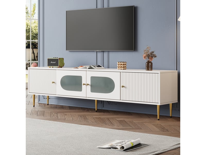  Meuble tv élégant 170x35x50 cm, 2 portes à rainures verticales, corps blanc avec pieds et poignées dorés, 2 portes à verre bombé  - Conforama B