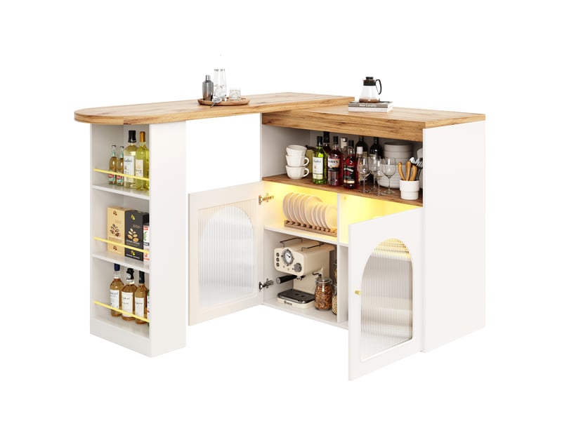  Meuble bar extensible 138-193 cm, rotatif 360° avec rangement et led, portes vitrées, panneaux de particules et métal - blanc  - Conforama A