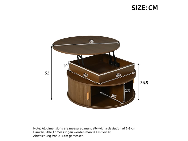  Table basse réglable en hauteur (75 x 75 x 52 cm), table d'appoint avec éclairage led, table basse ronde, table à thé avec deux portes coulissantes, table couleur noyer avec espace de rangement dissimulé  - Conforama C