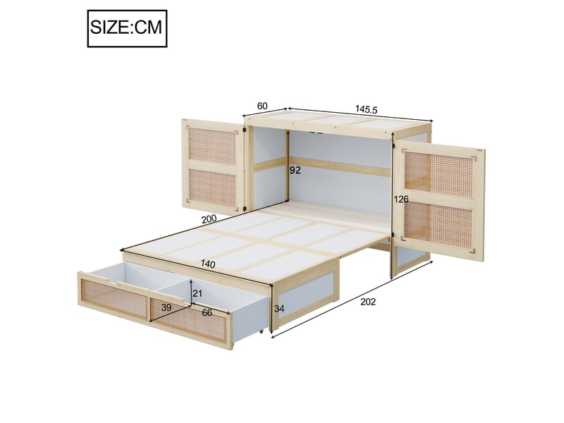  Lit mural rabattable 140 x 200 cm, bois naturel, lattes, tiroirs et rotin, gain de place  - Conforama B