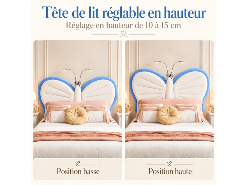  Lit enfant fille 90x190 cm en velours, tête de lit réglable en hauteur avec liseuses intégrées, lit princesse pour fille avec sommier à lattes, lit simple rembourré 90x190, bleu  - Conforama R