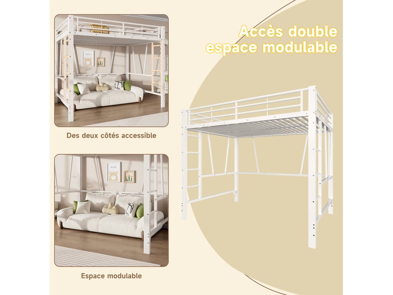  Lit mezzanine 140 × 200 cm 2 places avec double échelle et barrières, sans matelas, en métal, blanc  - Conforama E