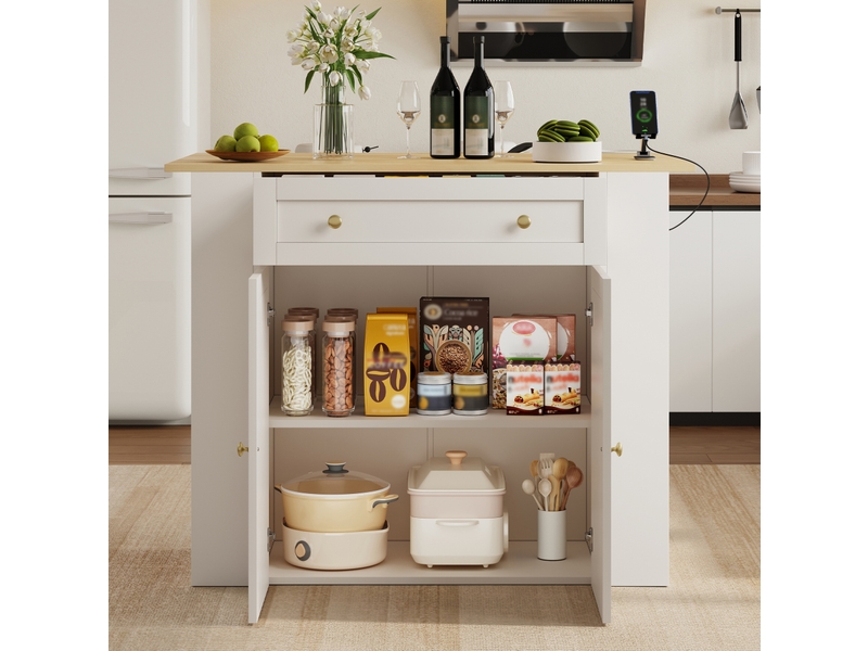 Îlot de cuisine 120x75x97 cm blanc avec plateau rabattable et prises usb - Conforama E