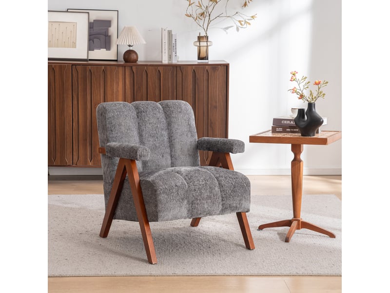  Fauteuil rembourré bouclé avec accoudoirs, dossier segmenté et pieds inclinés, en bois massif jaune, 68 × 61 × 35 cm  - Conforama C