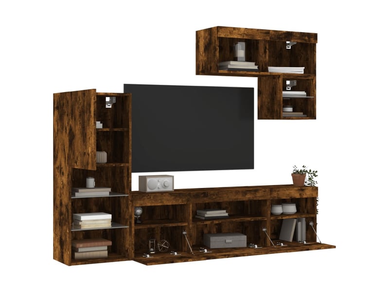 Meuble tv - unités murales tv avec led 6 pcs chêne fumé bois d'ingénierie - Conforama E