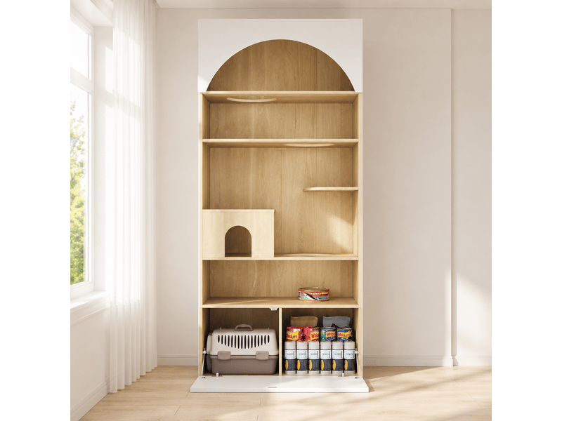 Armoire blanche et bois, 90 x 50 x 200 cm, avec mur d’escalade, niche et couchages, meuble de rangement pour animal  - Conforama D