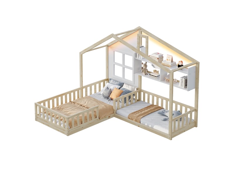 Lit cabane enfant 90x200 et 140x70 cm – bois naturel – led, étagères intégrées et sécurité - sans matelas - Conforama A