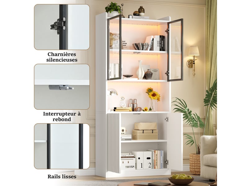  Lot de 2 vitrines avec  portes vitrées, 'un éclairage led et d'étagères ouvertes ,160 x 35 x 200 cm,  blanc  - Conforama E