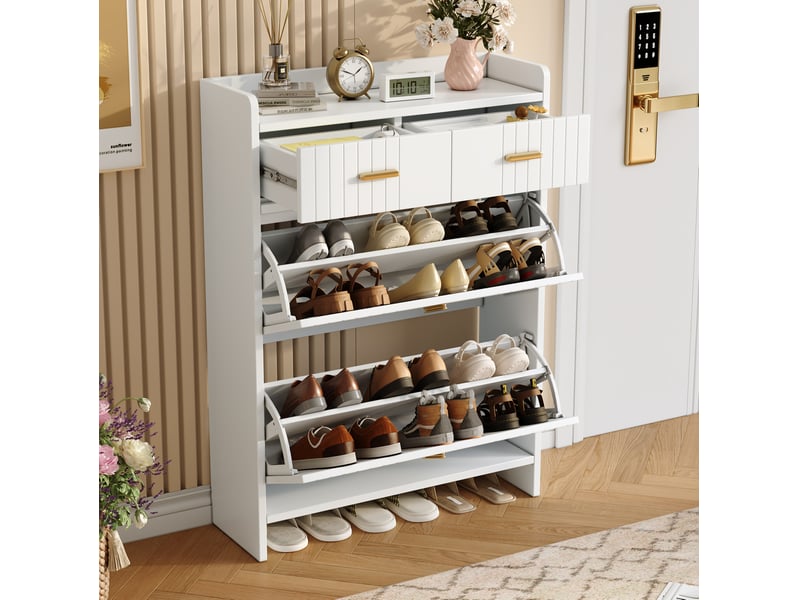  Meuble à chaussures à 2 compartiments abattants, 75x24x108,5 cm, blanc  - Conforama C