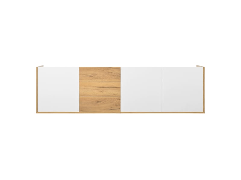 Meuble tv bas blanc et bois, avec panneau mural ou pose au sol, design moderne  - Conforama A