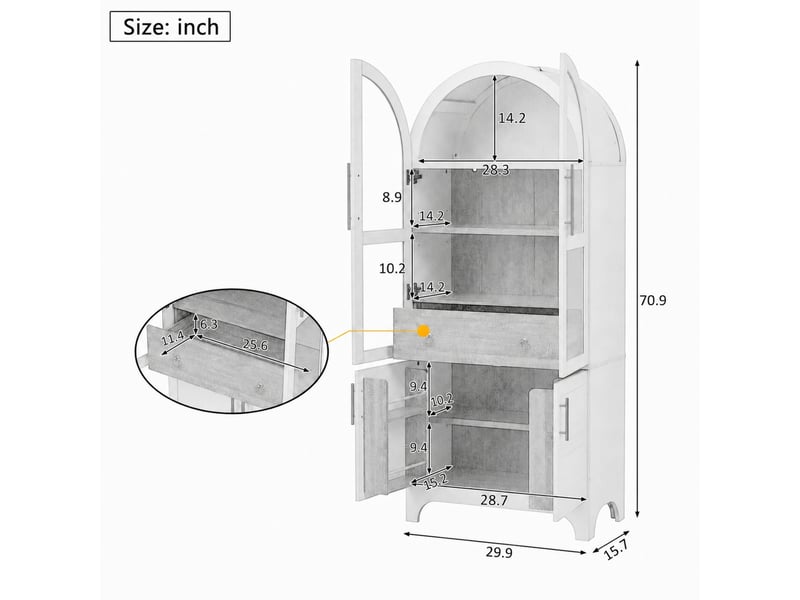  Vaisselier blanc moderne 180cm, armoire de cuisine avec tiroir et buffet haut en verre strié (sans matelas)  - Conforama B