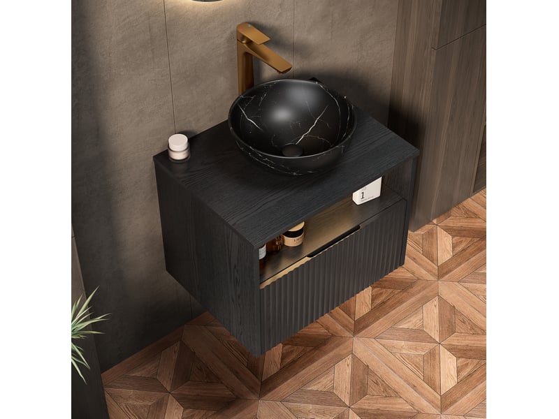  Meuble sous vasque suspendu avec 1 tiroir, niche ouverte et led à détection pour salle de bain noir 60 × 46 × 60,8 cm  - Conforama D