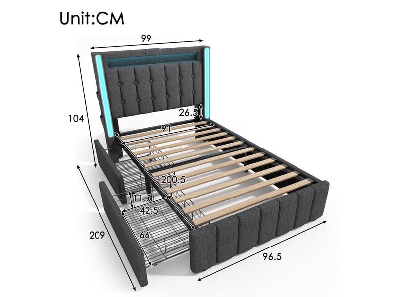  Modenvie lit 1 place avec tiroirs 90x200 cm - led, ports usb et usb-c, avec matelas - gris  - Conforama C