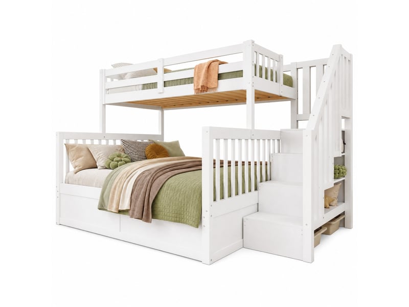 Lit superposé enfant 90×200 et 140×200 cm coffre hydraulique, escalier rangement - sans matelas, bois blanc et naturel - Conforama A