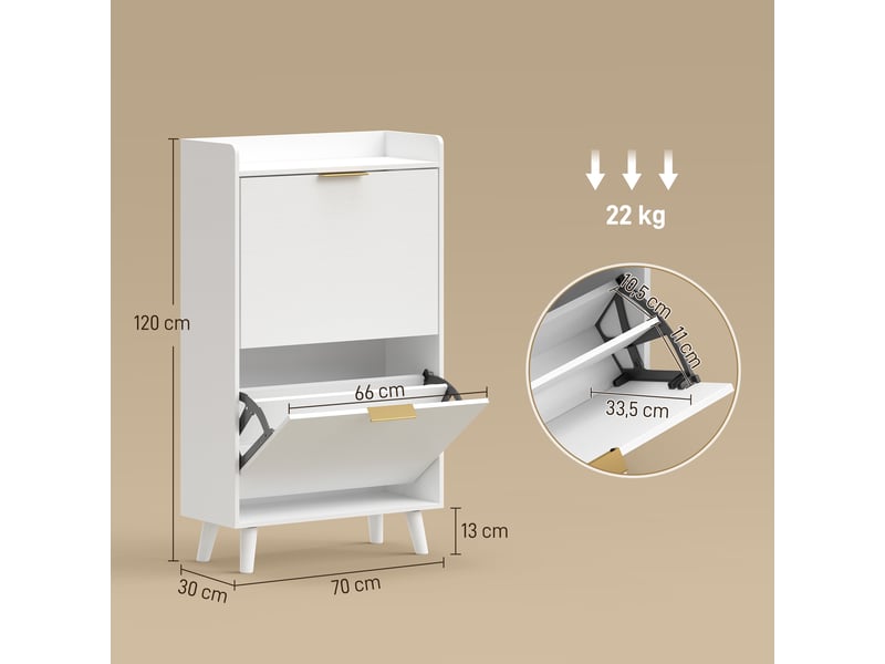  Meuble à chaussures 12 paires, armoire à chaussures étroite avec 2 tiroirs rabattables, étagères réglables, blanc  - Conforama D