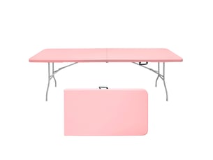 Table de jardin pliante 244 x 76 x 73,6 cm rose en plastique et acier, pour 8 à 10 adultes, avec poignée