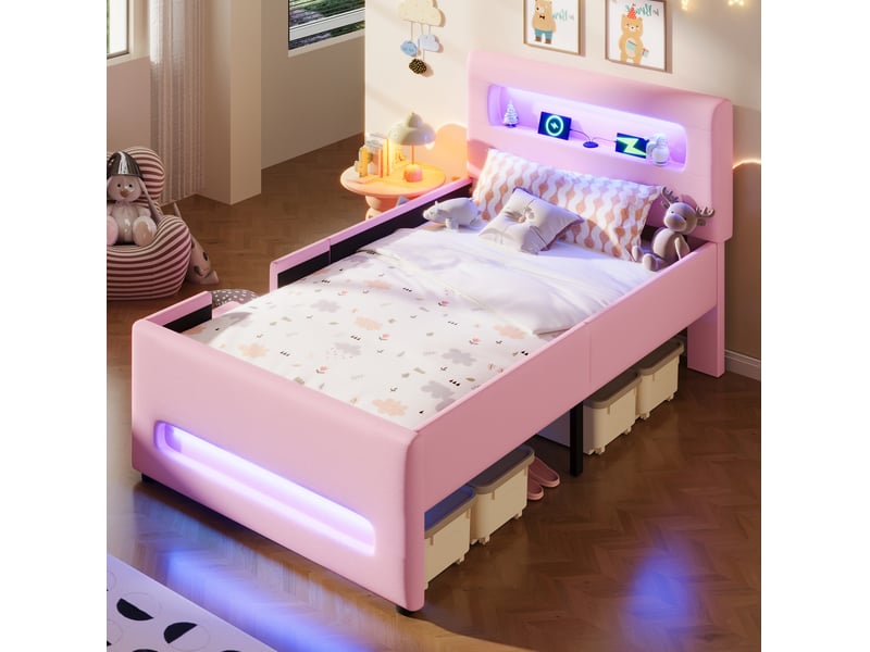  Modenvie lit enfant 90x200 cm - avec tiroir de rangement, éclairage led et escalier - pour chambre d'enfant - rose  - Conforama B