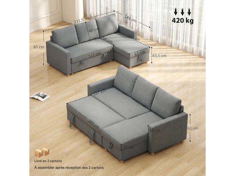 Canapé d'angle convertible 3 places avec méridienne en tissu gris 211,5x146x85 cm - Conforama C