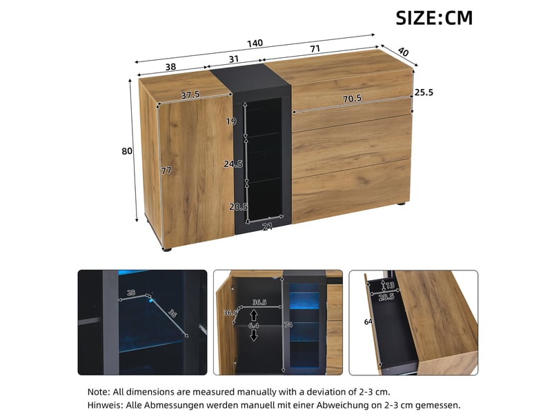  Buffet moderne 140 cm console noir et marron avec led et 3 tiroirs  - Conforama C