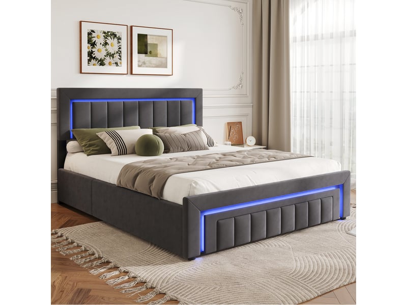  Lit coffre 140x190 cm avec led et tiroir gris velours evryae  - Conforama B