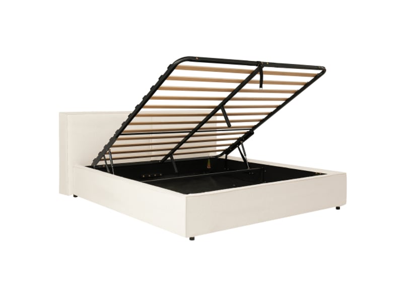 Lit double 180x200 capitonné – mécanisme hydraulique, sommier à lattes, tête de lit rembourrée en bouclé blanc - Conforama A