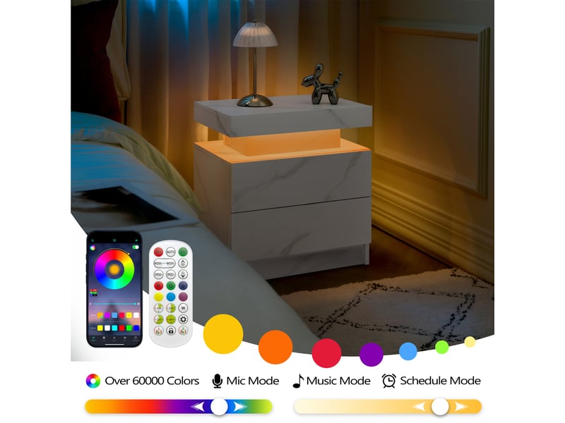  Table de chevet,50x53x36 cm,2 tiroirs avec éclairage led,blanc mat  - Conforama E