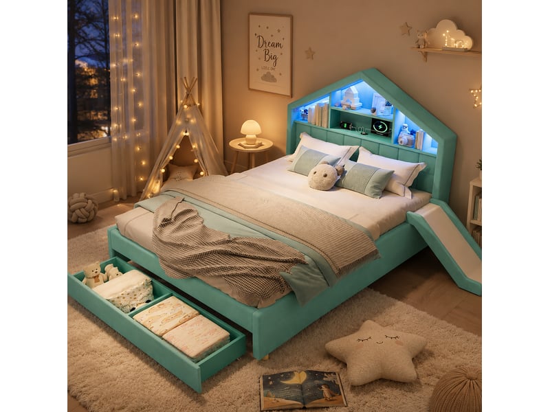  Lit enfant 140x200 cm avec toboggan réversible, rangement en velours bleu vert  - Conforama B
