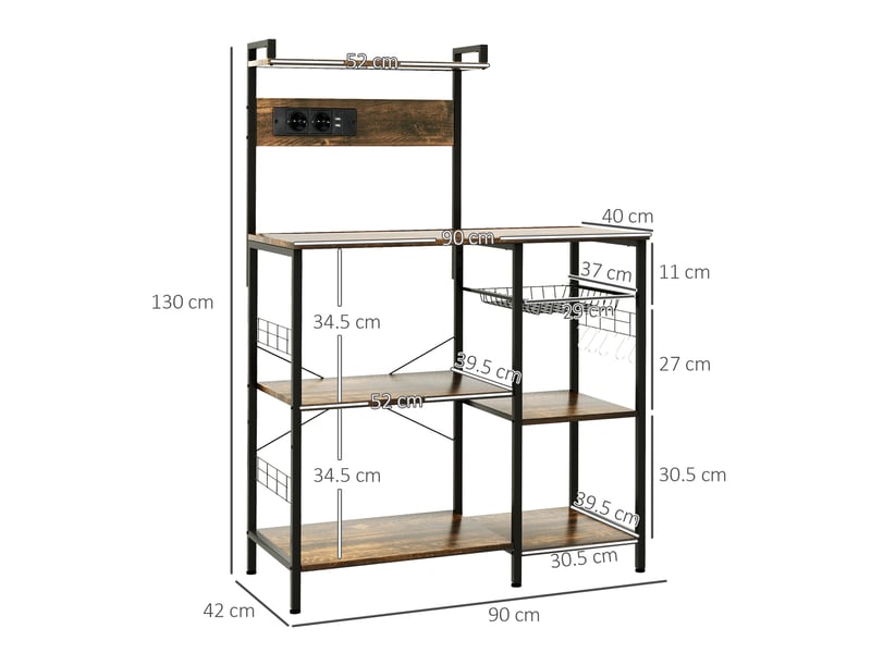  Grille pour four à micro-ondes avec étagères et panier métallique, 90 x 42 x 130 cm, marron  - Conforama E
