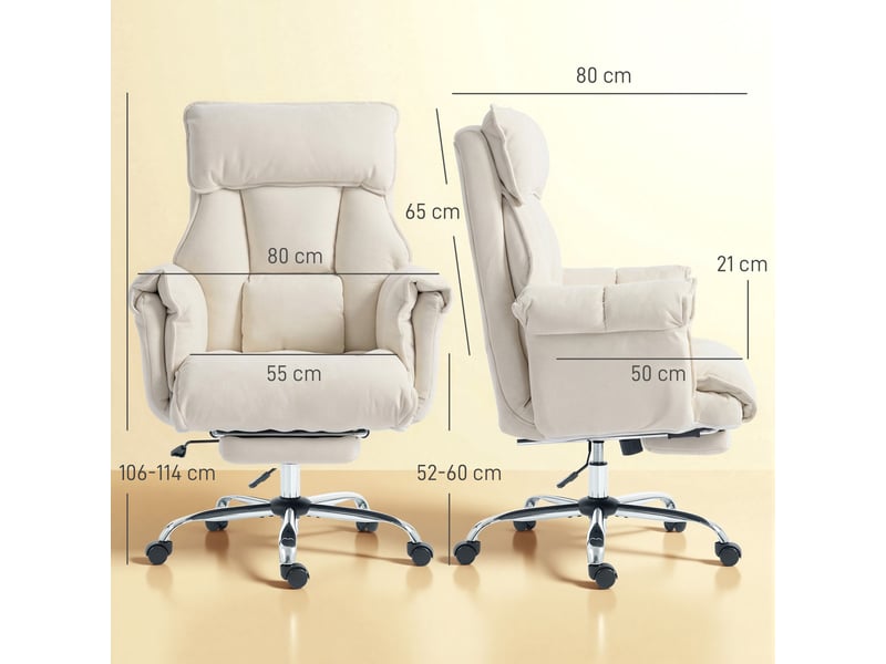  Fauteuil de bureau pivotant réglable en hauteur avec soutien lombaire et repose-pieds, revêtement en flanelle blanc crème, 80 x 80 x 106-114 cm  - Conforama E
