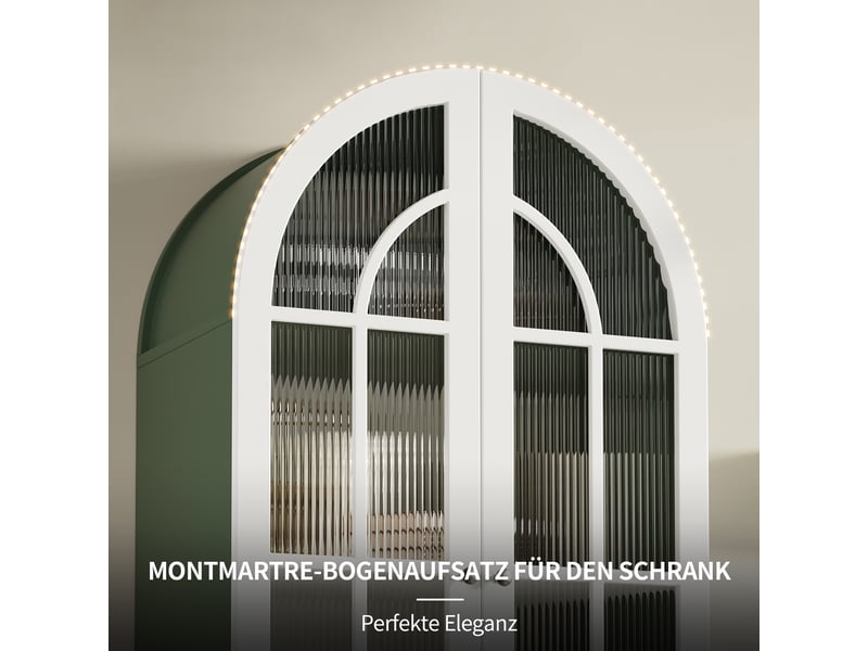  Vitrine haute arche-armoire vitrine verre cannelé campagne-3 niveaux portes doubles esprit montmartre-76x38,5x165-vert foncéblanc  - Conforama D