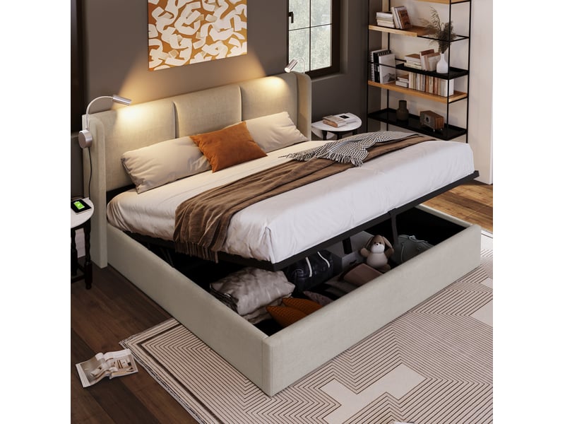 Lit double coffre 160 x 200 cm beige en lin avec éclairage de lecture usb et sommier à lattes - Conforama C