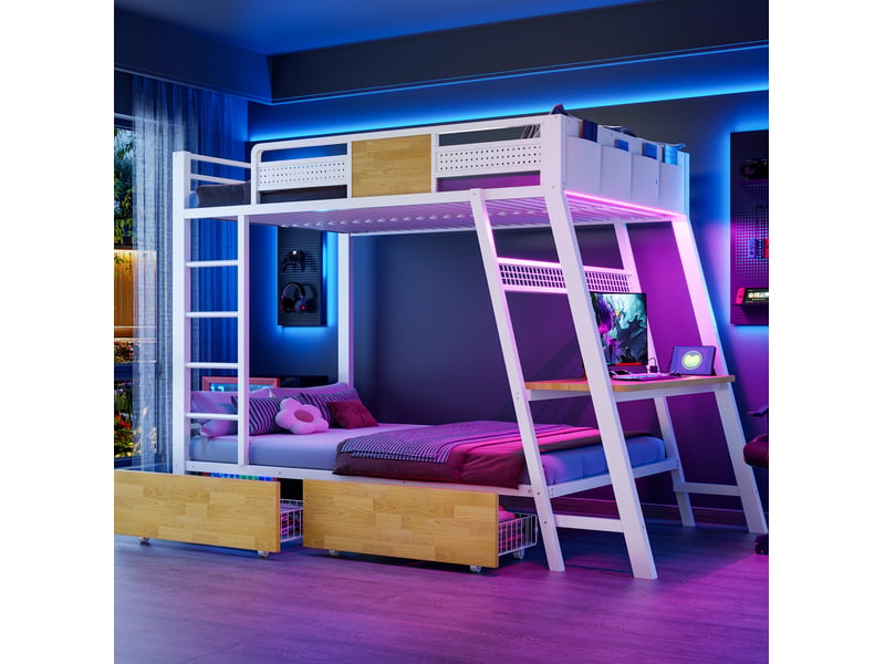  Lit superposé modenvie 90 x 200 cm avec bureau intégré, prises, ports usb et type-c, bande led, métal, blanc  - Conforama E