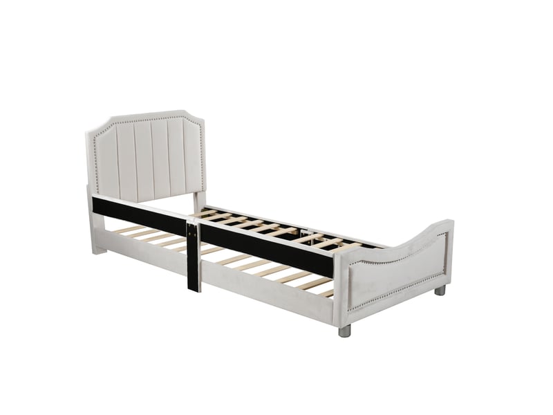  Lit enfant 90x200 capitonné beige - banquette lit avec dossier flanelle - sommier inclus  - Conforama R