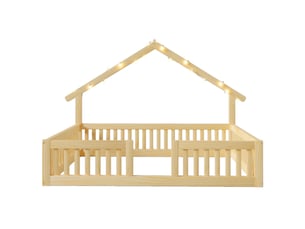 Lit cabane au sol enfant 140x200 cm blanc en bois, barrières de sécurité et guirlande led