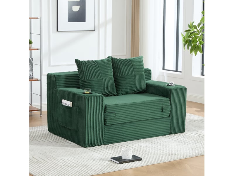  Canapé-lit 2 places modenvie convertible vert émeraude en velours côtelé avec coussins, porte-gobelet et poches latérales 151 x 133 x 64 cm  - Conforama D