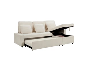 Canapé d'angle panoramique convertible <strong>SAPGAKS</strong> <strong></strong> 4 places Velours côtelé beige avec coffre de rangement